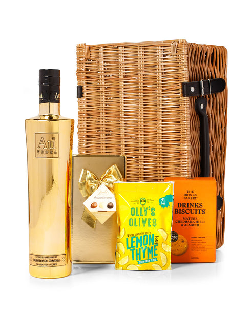 AU Vodka 70cl with Belgian Chocolates, Drinks Biscuits & Olly's Olives Wicker Gift Box