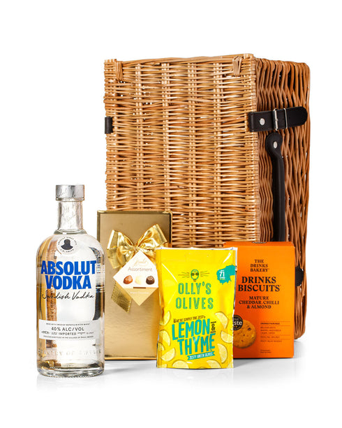 Absolut Vodka 70cl with Belgian Chocolates, Drinks Biscuits & Olly's Olives Wicker Gift Box