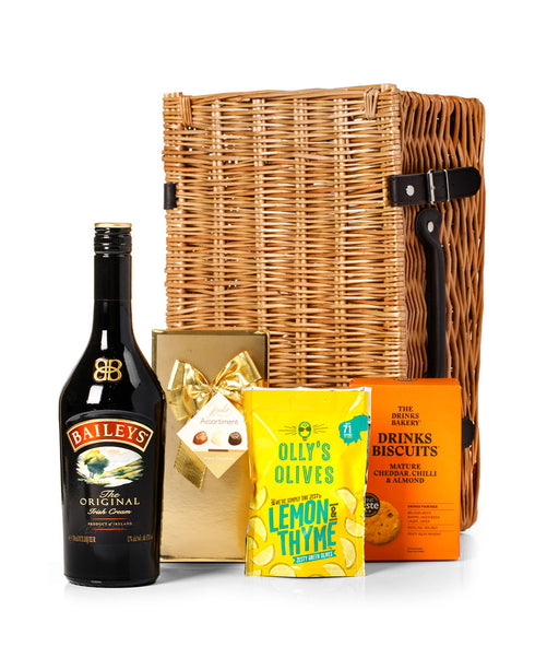 Baileys 70cl with Belgian Chocolates, Drinks Biscuits & Olly's Olives Wicker Gift Box