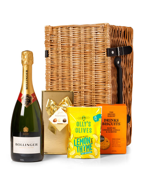 Bollinger 75cl with Belgian Chocolates, Drinks Biscuits & Olly's Olives Wicker Gift Box