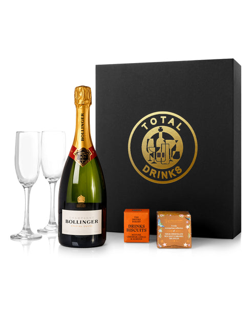 Bollinger 75cl Chocolate Truffle & Drinks Biscuits Gift Box with Pair of Flutes