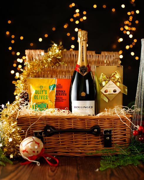 Bollinger 75cl with Belgian Chocolates, Drinks Biscuits & Olly's Olives Wicker Gift Box