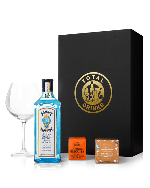 Bombay Sapphire Gin 70cl Chocolate Truffle & Drinks Biscuits Gift Box with Glass