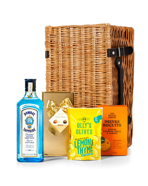 Bombay Sapphire 70cl with Belgian Chocolates, Drinks Biscuits & Olly's Olives Wicker Gift Box