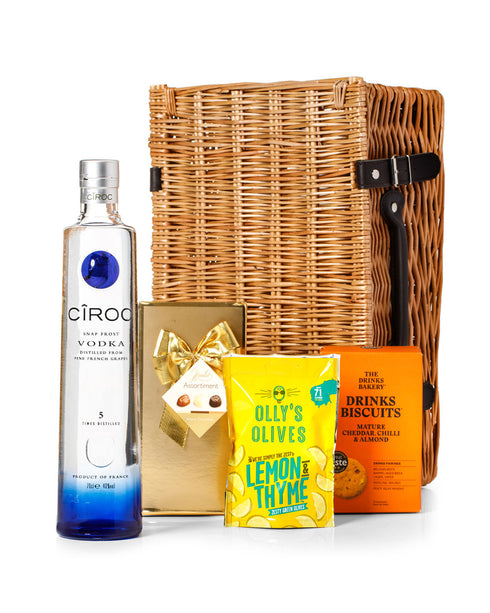 Ciroc Snap Frost 70cl with Belgian Chocolates, Drinks Biscuits & Olly's Olives Wicker Gift Box