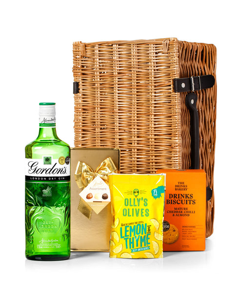 Gordon's Gin 70cl with Belgian Chocolates, Drinks Biscuits & Olly's Olives Wicker Gift Box