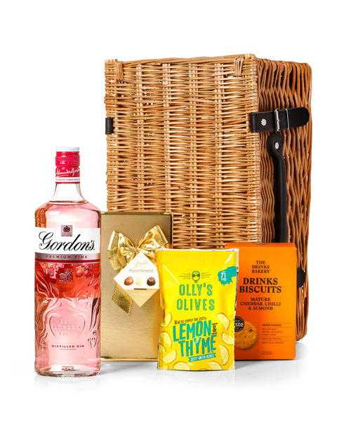 Gordon's Pink Gin 70cl with Belgian Chocolates, Drinks Biscuits & Olly's Olives Wicker Gift Box