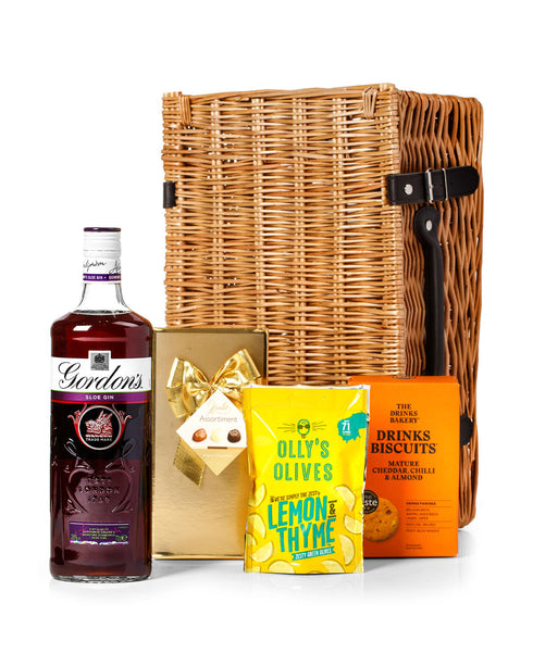 Gordon's Sloe Gin 70cl with Belgian Chocolates, Drinks Biscuits & Olly's Olives Wicker Gift Box