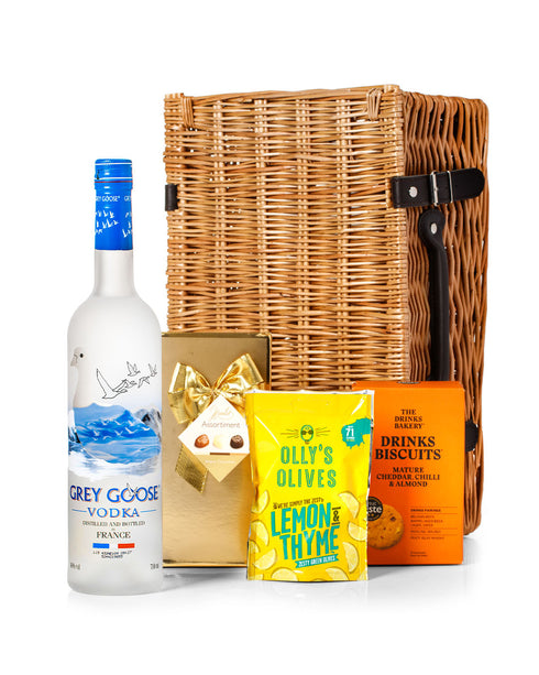 Grey Goose Vodka 70cl with Belgian Chocolates, Drinks Biscuits & Olly's Olives Wicker Gift Box