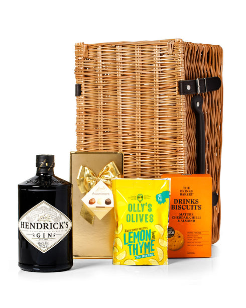 Hendrick's Gin 70cl with Belgian Chocolates, Drinks Biscuits & Olly's Olives Wicker Gift Box
