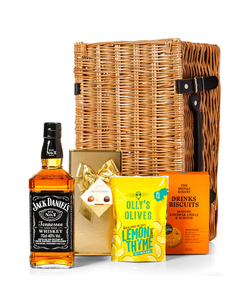 Jack Daniel's Whiskey 70cl with Belgian Chocolates, Drinks Biscuits & Olly's Olives Wicker Gift Box