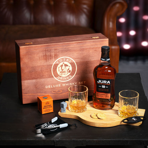 Isle of Jura 10 Years Whisky 70cl Wooden Gift Box with Accessories & Savoury Biscuits
