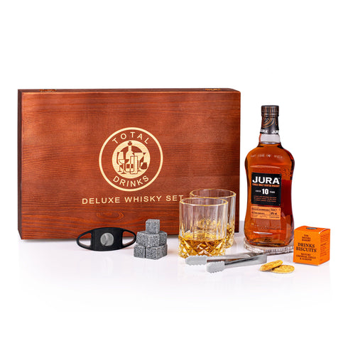 Isle of Jura 10 Years Whisky 70cl Wooden Gift Box with Accessories & Savoury Biscuits