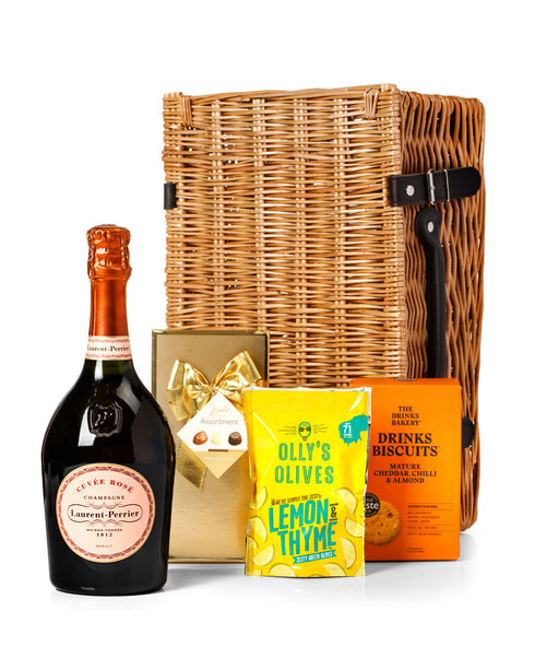 Laurent-Perrier Rose Champagne 75cl with Belgian Chocolates, Drinks Biscuits & Olly's Olives Wicker Gift Box
