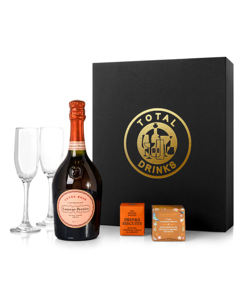 Laurent-Perrier Rose 75cl Chocolate Truffle & Drinks Biscuits Gift Box with Pair of Flutes