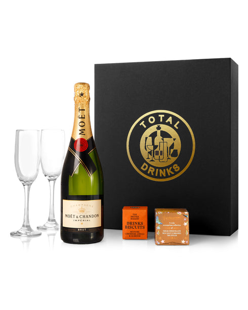 Moet & Chandon 75cl Chocolate Truffle & Drinks Biscuits Gift Box with Pair of Flutes