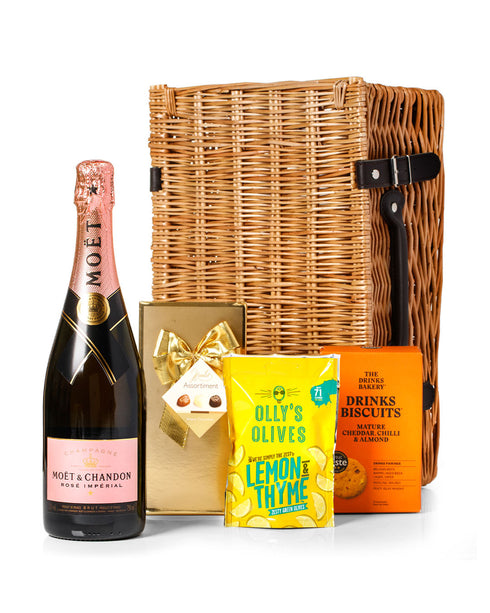 Moet & Chandon Rose Champagne 75cl with Belgian Chocolates, Drinks Biscuits & Olly's Olives Wicker Gift Box
