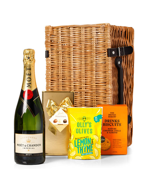Moet & Chandon Champagne 75cl with Belgian Chocolates, Drinks Biscuits & Olly's Olives Wicker Gift Box