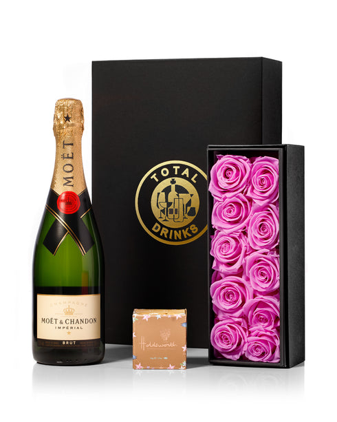 Moet Champagne & Chocolate Truffles with Purple Eternity Roses Gift Set