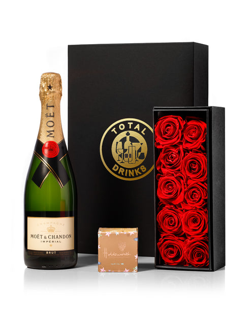 Moet Champagne & Chocolate Truffles with Red Eternity Roses Gift Set