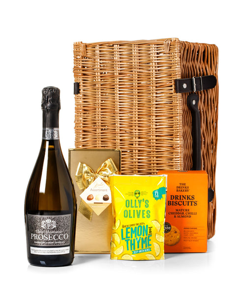 Prosecco 70cl with Belgian Chocolates, Drinks Biscuits & Olly's Olives Wicker Gift Box