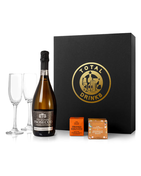 Vino Spumante Prosecco 75cl Chocolate Truffle & Drinks Biscuits Gift Box with Pair of Flutes