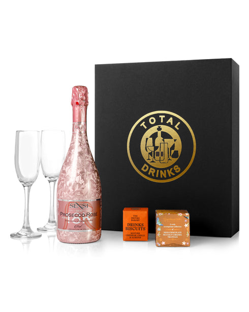 Sensi Prosecco Rose 70cl Chocolate Truffle & Drinks Biscuits Gift Box with Pair of Flutes