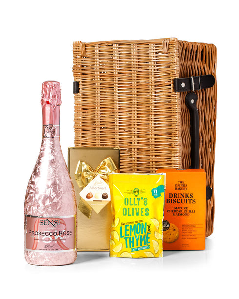 Sensi Prosecco Rose 75cl with Belgian Chocolates, Drinks Biscuits & Olly's Olives Wicker Gift Box