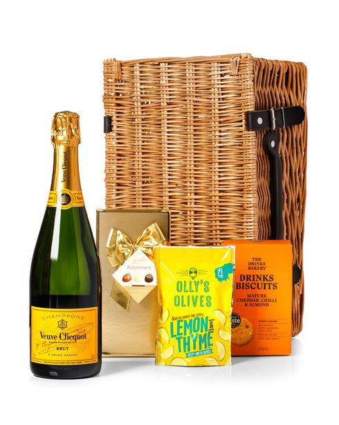 Veuve Clicquot 75cl with Belgian Chocolates, Drinks Biscuits & Olly's Olives Wicker Gift Box