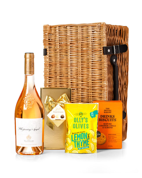 Whispering Angel Rose Wine 75cl with Belgian Chocolates, Drinks Biscuits & Olly's Olives Wicker Gift Box