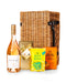 Whispering Angel Rose Wine 75cl with Belgian Chocolates, Drinks Biscuits & Olly's Olives Wicker Gift Box